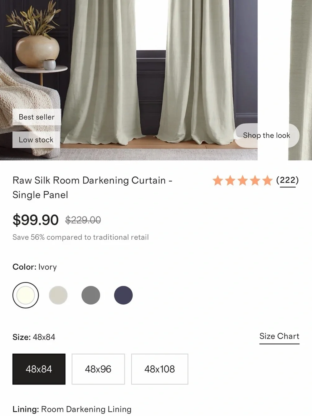 Quince Raw Silk Room Darkening Curtain Panel - Ivory